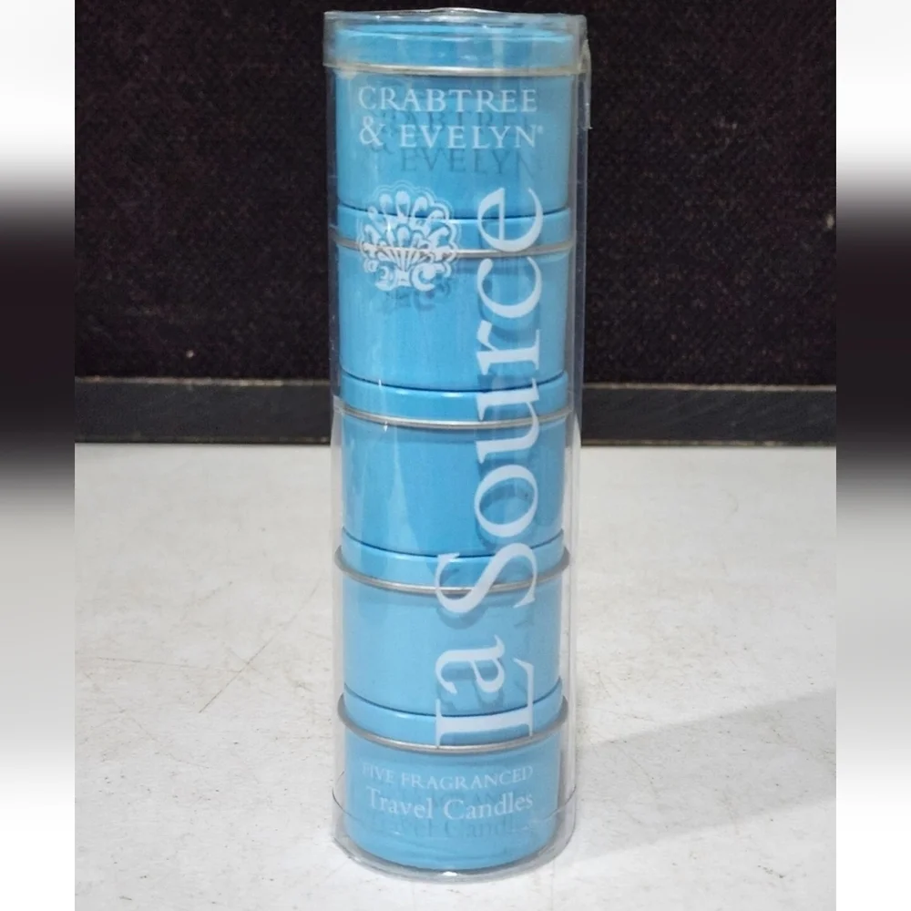 New Vintage Crabtree & Evelyn La Source Blue Travel Candle Set 5 Scented Candles